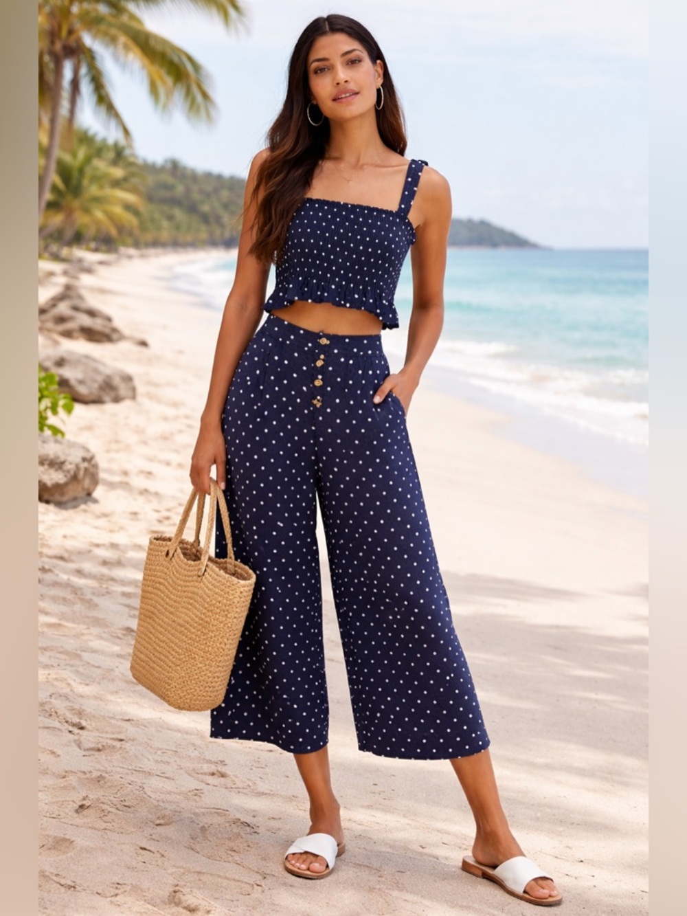 American Eagle 2pc Cropped Navy Polka Dot Wide-Leg  Pants Set Size M
